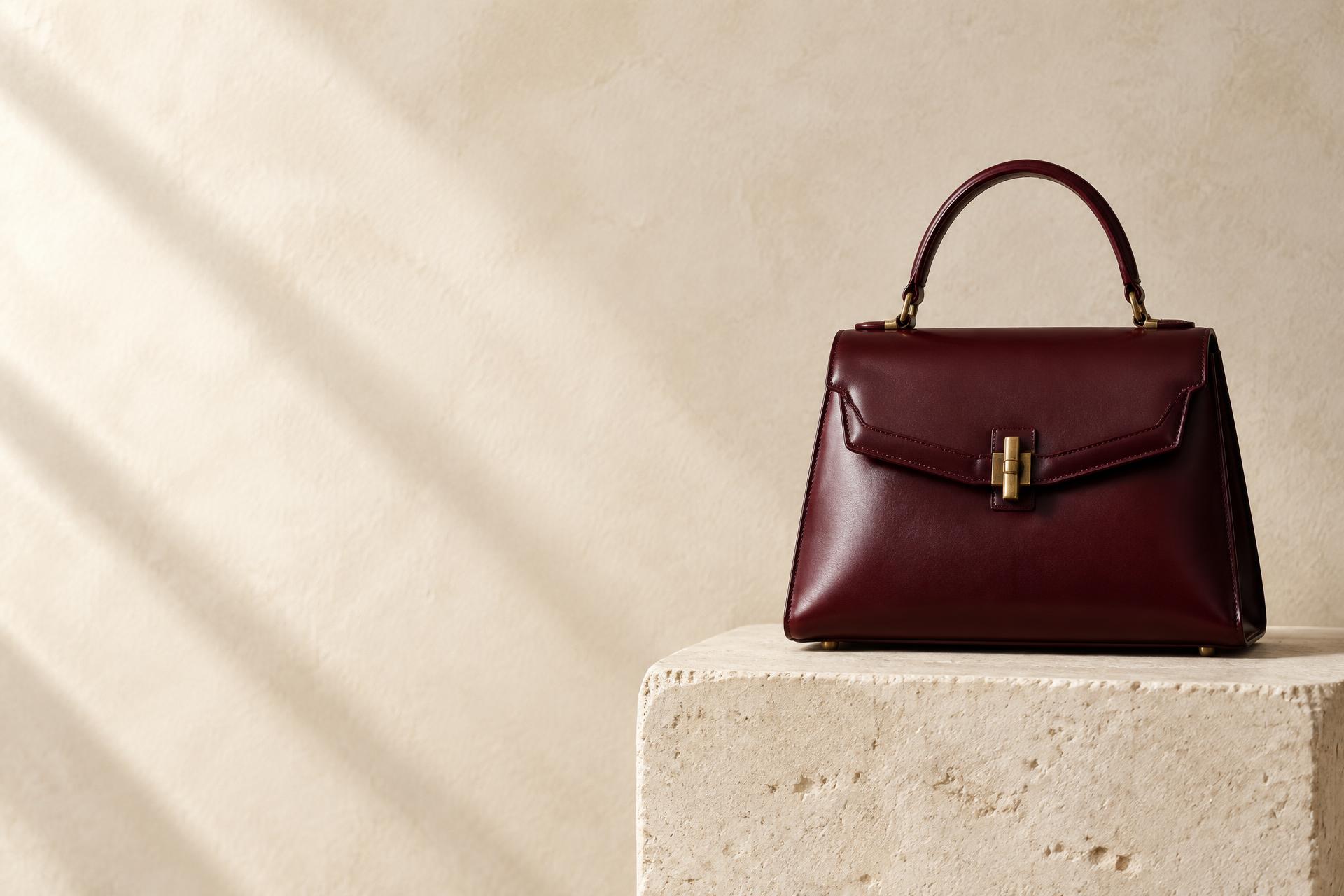 Bordeaux leather handbag on a stone plinth — the Maisone runway edit
